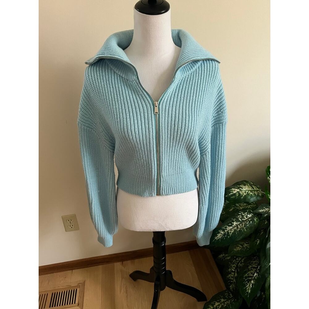 Zara Light Blue Cropped Knit Zip Cardigan
